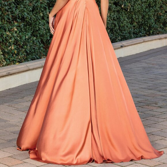 New A-Line Satin Fashionable Dress w/ Illusion Plunging Neck & V-Back DQ 4304A - Picture 6 of 9